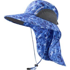 Unisex Blue Camo 100% Nylon Wide Brim Mesh Vent With Neck Flap Classic Sun Hat